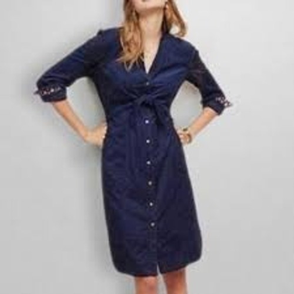 Maeve Anthropologie Winchester Navy Blue Corduroy Tie Front Shirt Dress 14